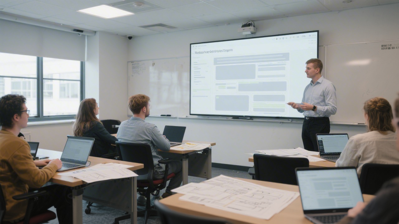 Training classroom with instructor presenting responsive layouts on a large screen, students working on laptops, and printed wireframes on tables for practical learning.