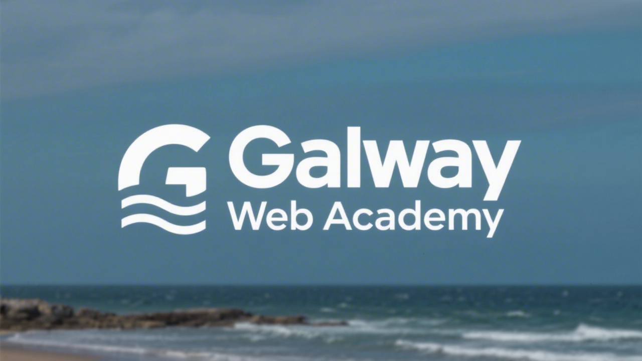 Simple wordmark logo reading Galway Web Academy in clean sans serif lettering, balanced spacing, and a small wave line for a minimal coastal identity.
