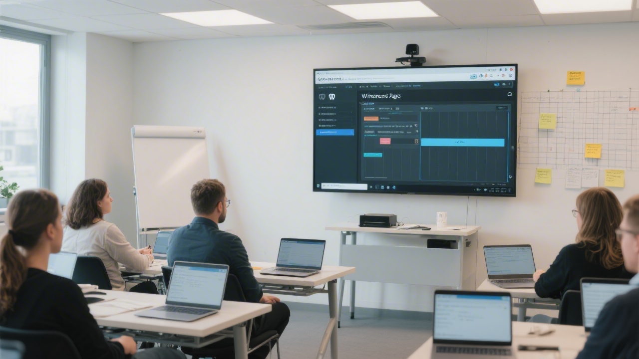 Modern training room with laptops arranged for workshop participants, a large monitor showing a WordPress page builder, and notes on responsive grids.